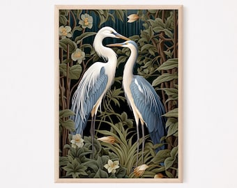 Blaureiher-Kunstwerk, Kunstdruck eines Graureihers, Wandbild für dunkle Wände, William-Morris-Druck, tolles Hochzeitsgeschenk, Geschenk für Mütter, großes Vogelbild