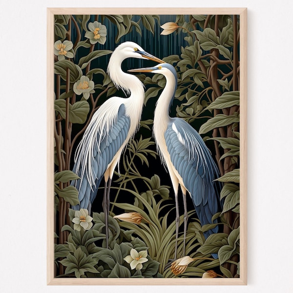 Blue Heron Art, Great Blue Heron Print, Dark Wall Art, William Morris Print, Great Wedding Gift, Mom gift, Large Bird Picture