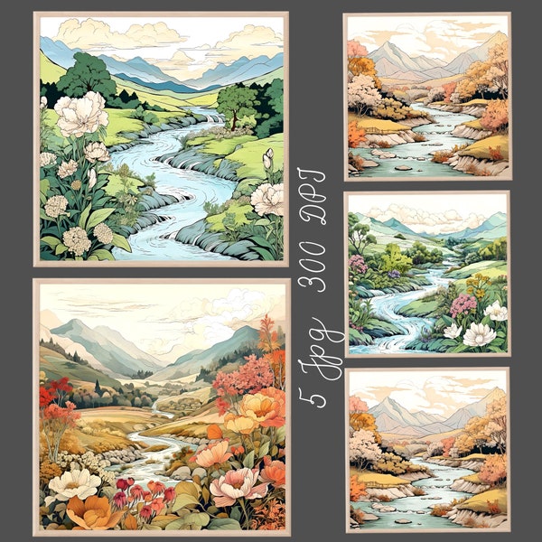 Set of 5 Painting Prints, William Morris Inspired Printable Wall Art Mountain River Landscape, Abstract Landscape Art, Digital Download Art