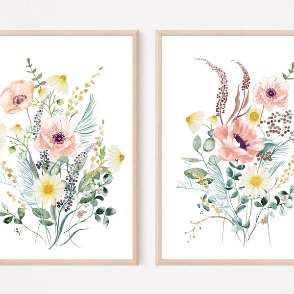 Set of 2 Painting Prints, Watercolor Wildflowers Prints, Bedroom Wall Art, Floral Bouquet, Farmhouse Decor, Living Room Wall Art, Gift