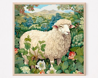 Sheep Art Print, Sheep in Garden Painting, Vintage Sheep Painting Print, Farm Animal Painting, Neutral Painting, Farmhouse decor