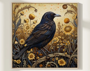 William Morris Inspired Crow Art Print, Crow Printable, Crow Poster, Bird Print, Living Room Art, Forest Wall Art, Kitchen Art, Square