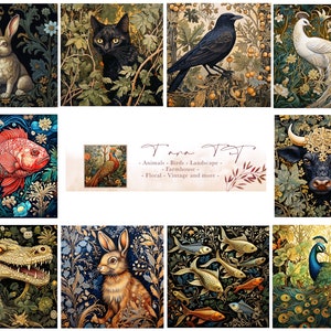May include: A collage of digital art featuring various animals, birds, and landscapes. The images are in a vintage style with intricate details and vibrant colors. The text "Tiana Art" is displayed in the center of the collage.