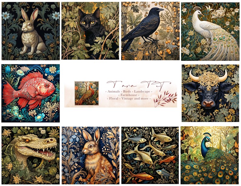 May include: A collage of digital art featuring various animals, birds, and landscapes. The images are in a vintage style with intricate details and vibrant colors. The text "Tiana Art" is displayed in the center of the collage.