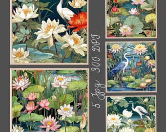 Set of 5 Painting Prints, White Stork Printable Artworks, Kitchen Decor, Square Botanical Wall Art, William Morris Inspired Home Decor Gift