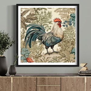 May include: A colorful illustration of a rooster standing in a lush green and brown garden. The rooster has a red comb and wattle, blue and green feathers, and a white chest. The background is filled with detailed foliage and flowers.