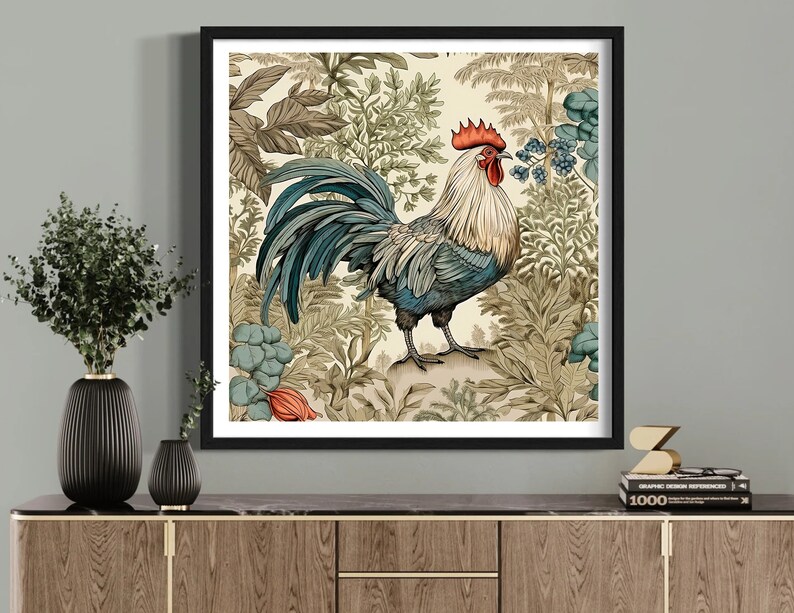 May include: A colorful illustration of a rooster standing in a lush green and brown garden. The rooster has a red comb and wattle, blue and green feathers, and a white chest. The background is filled with detailed foliage and flowers.