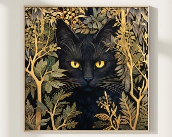 William Morris Inspired Black Cat Art Print, Dark Wall Art, Royalcore Poster, Cat Lover Gift