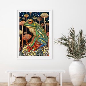 May include: A colorful illustration of a green frog sitting on a mushroom in a forest setting. The frog has red and blue accents and is surrounded by other mushrooms.
