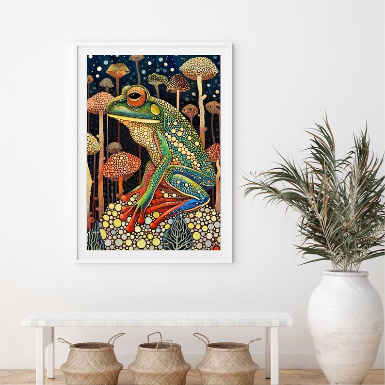 May include: A colorful illustration of a green frog sitting on a mushroom in a forest setting. The frog has red and blue accents and is surrounded by other mushrooms.