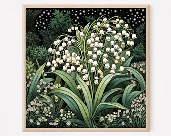 William Morris inspirierter Maiglöckchen Kunstdruck, dunkle Wandkunst, Royalcore Poster, Blumenliebhaber Geschenk, quadratischer Blumendruck, Wohndekoration