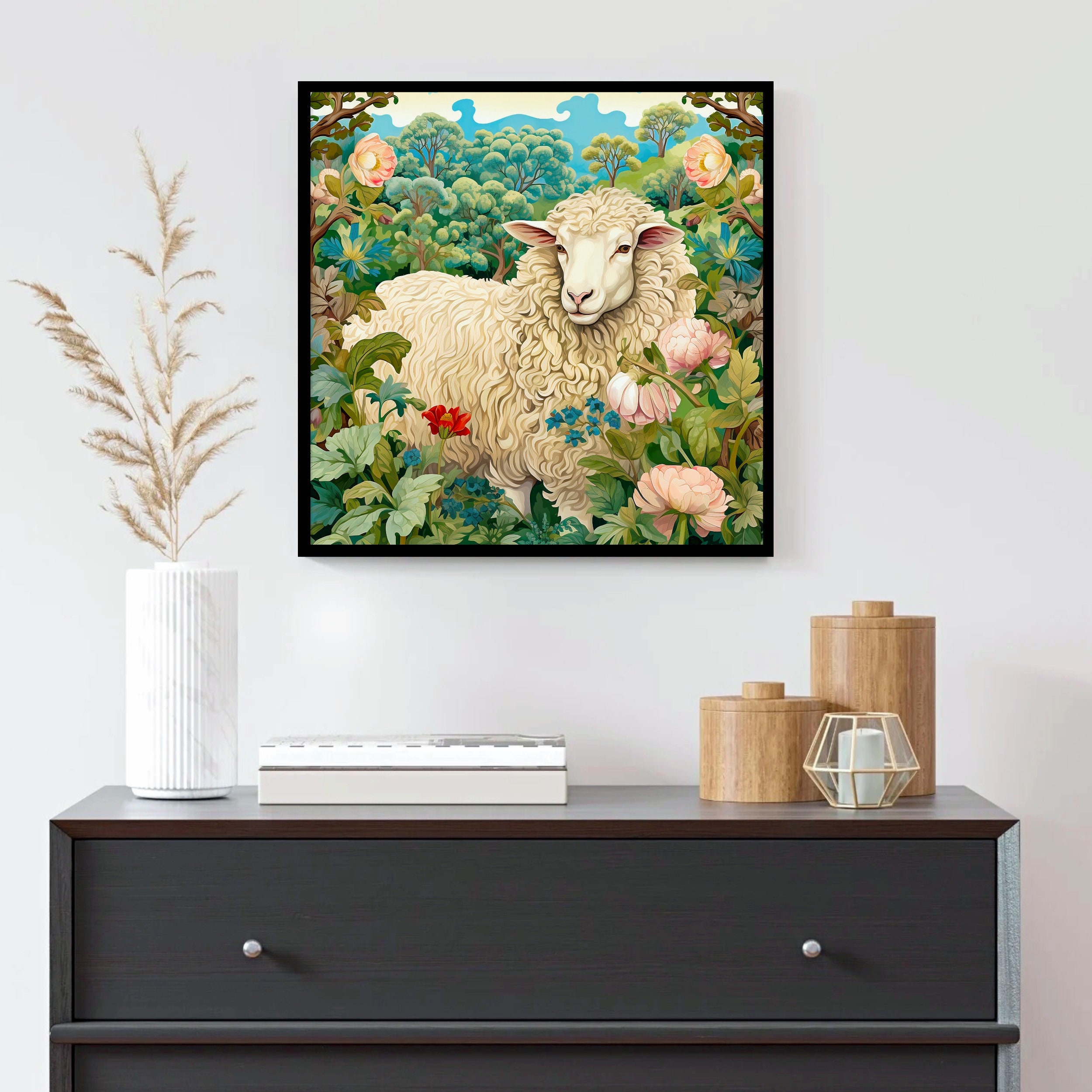 Sheep Art Print, Sheep in Garden Painting, Vintage Sheep Painting Print ...
