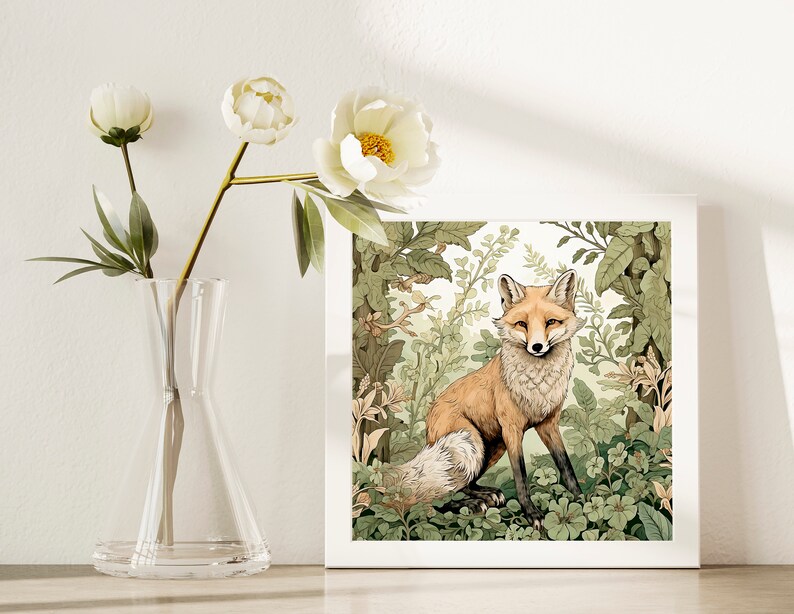 May include: A white framed print of a fox standing in a lush green forest. The fox has a reddish-orange coat and white fur on its chest and tail. The background is a detailed illustration of leaves and flowers.