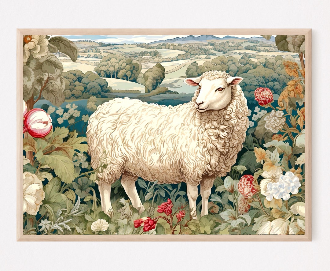 Sheep Art Print, Sheep in Garden Painting, Vintage Sheep Painting Print ...