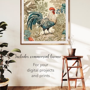 May include: A vintage illustration of a rooster standing in a lush garden with green, blue, and red foliage. The rooster has a red comb and wattle, a blue and gray body, and a long, flowing tail. The illustration is framed in a brown wood frame.