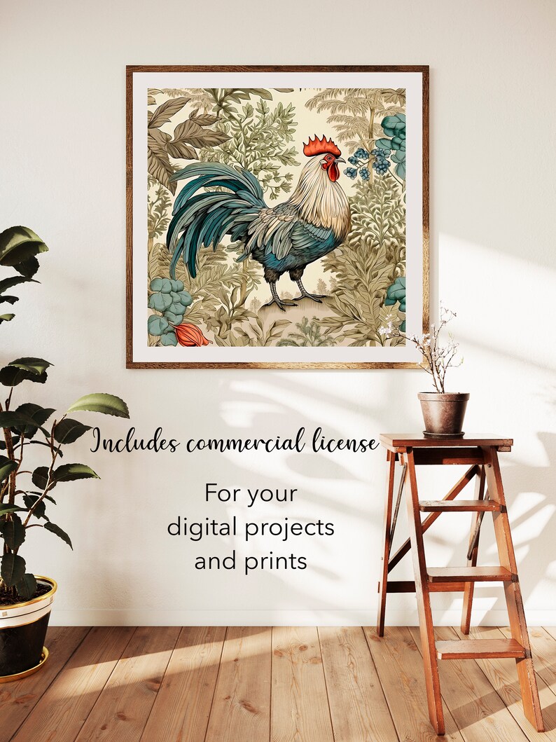 May include: A vintage illustration of a rooster standing in a lush garden with green, blue, and red foliage. The rooster has a red comb and wattle, a blue and gray body, and a long, flowing tail. The illustration is framed in a brown wood frame.