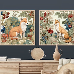 Set of 2 Fox Wall Art, Wildlife Painting, Soft Home Decor, Woodland Wall Art, Rustic Home Decor, Fox Printable Art, Red Fox Art