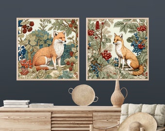 Set of 2 Fox Wall Art, Wildlife Painting, Soft Home Decor, Woodland Wall Art, Rustic Home Decor, Fox Printable Art, Red Fox Art