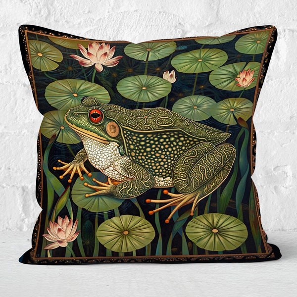 Frog Pillow, Cottagecore, Floral Pillow, Frog Floral Botanical Design, Gift. FR