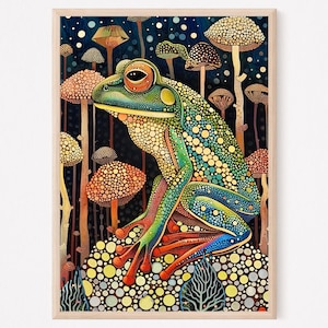 May include: A green and blue frog with red spots sits on a rock surrounded by colorful mushrooms with white polka dots. The background is a dark blue with white dots.