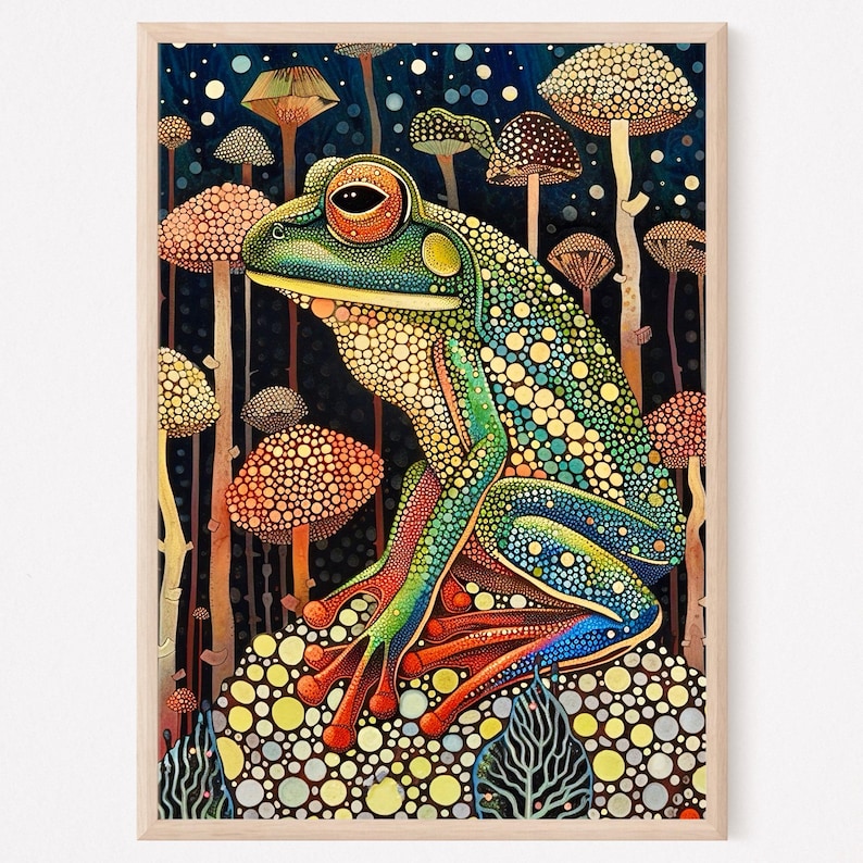 May include: A green and blue frog with red spots sits on a rock surrounded by colorful mushrooms with white polka dots. The background is a dark blue with white dots.