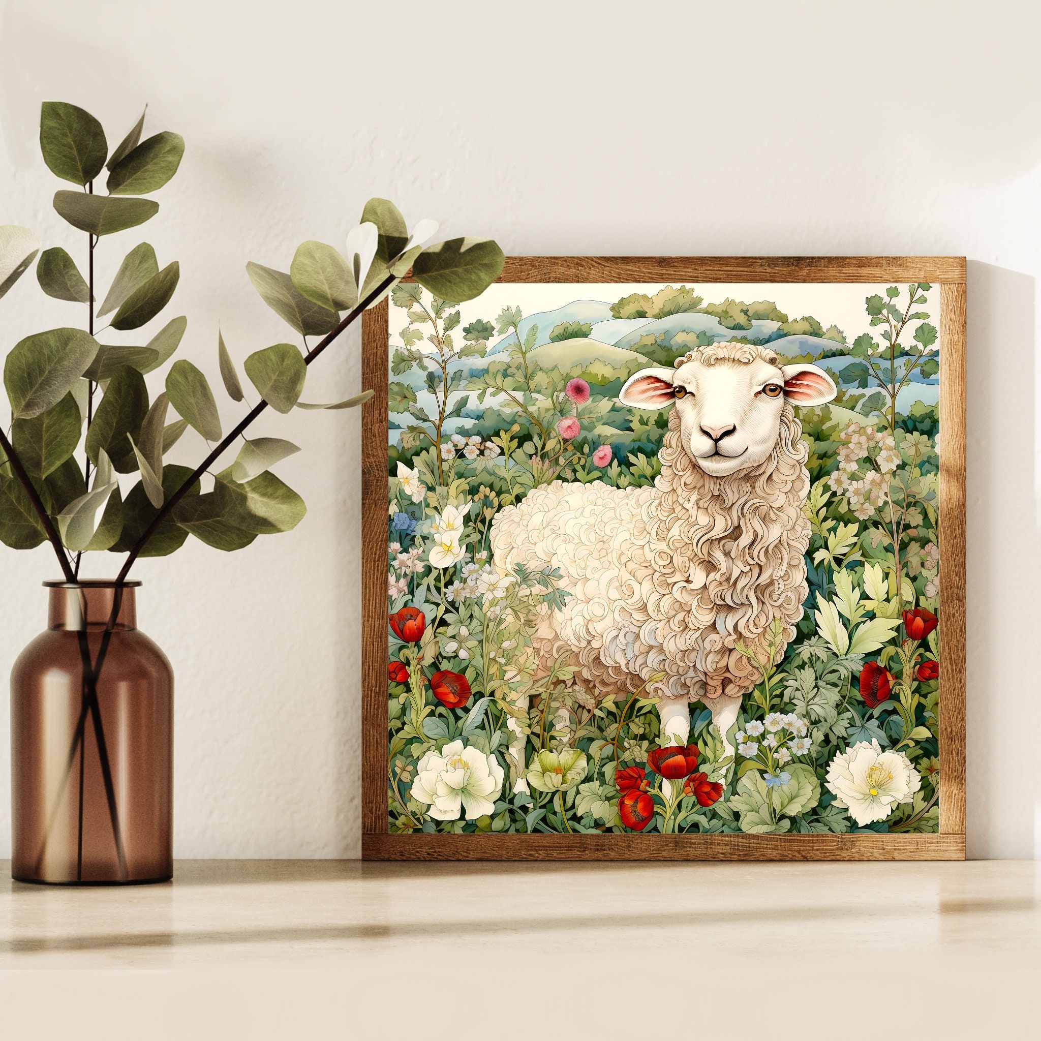 Sheep Art Print, Sheep in Garden Painting, Vintage Sheep Painting Print ...