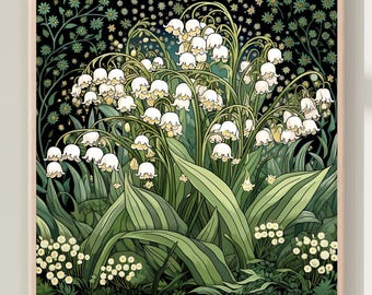 Lily of the Valley Art Print, Royalcore Poster, Flowers Lover Gift, William Morris Inspired Square Floral Print, Home Decor Gift Art