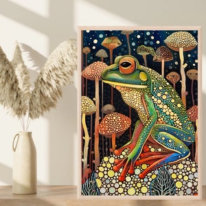 May include: A colorful illustration of a green frog sitting on a bed of mushrooms. The frog has large, round eyes and a spotted body. The mushrooms are various shades of brown, orange, and yellow.