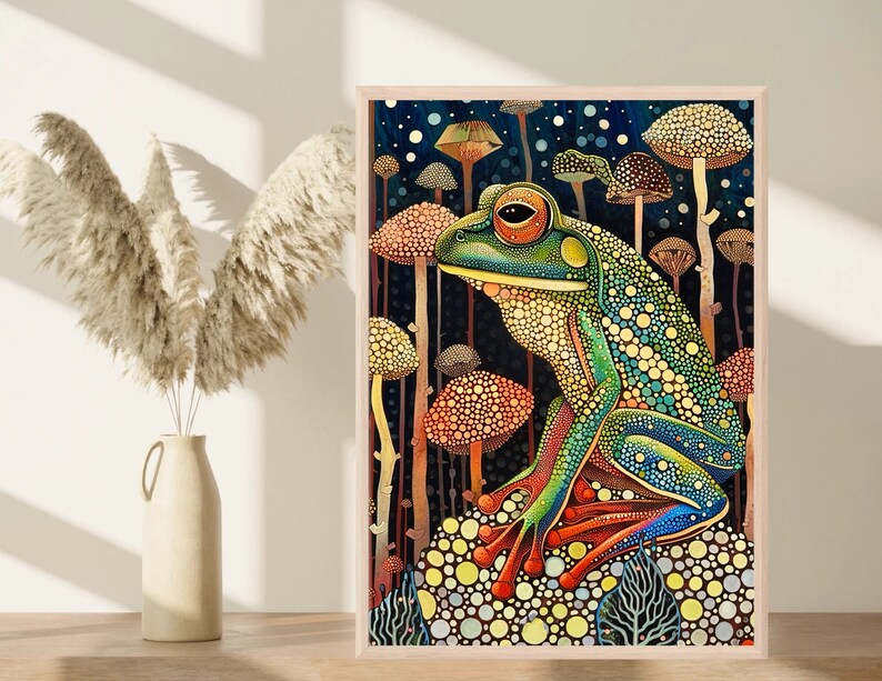 May include: A colorful illustration of a green frog sitting on a bed of mushrooms. The frog has large, round eyes and a spotted body. The mushrooms are various shades of brown, orange, and yellow.