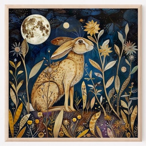 Mondbeobachtender Hase im Stil des William Morris-Kunstdrucks