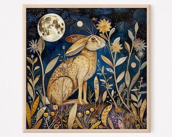 Mondbeobachtender Hase im Stil des William Morris-Kunstdrucks