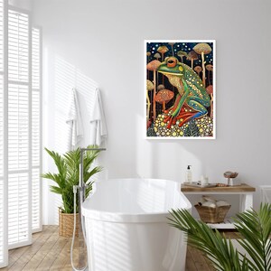 May include: A green and blue frog with red eyes sits on a mushroom in a forest of mushrooms. The mushrooms are various shades of red, orange, and yellow. The background is a dark blue with white stars.
