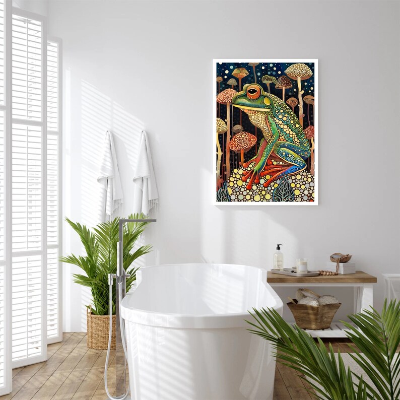 May include: A green and blue frog with red eyes sits on a mushroom in a forest of mushrooms. The mushrooms are various shades of red, orange, and yellow. The background is a dark blue with white stars.