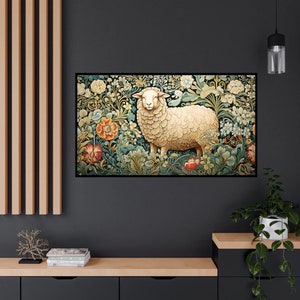 May include: A white sheep standing in a field of colorful flowers. The sheep is surrounded by green leaves and flowers in shades of red, orange, yellow, and blue. The background is a dark green.