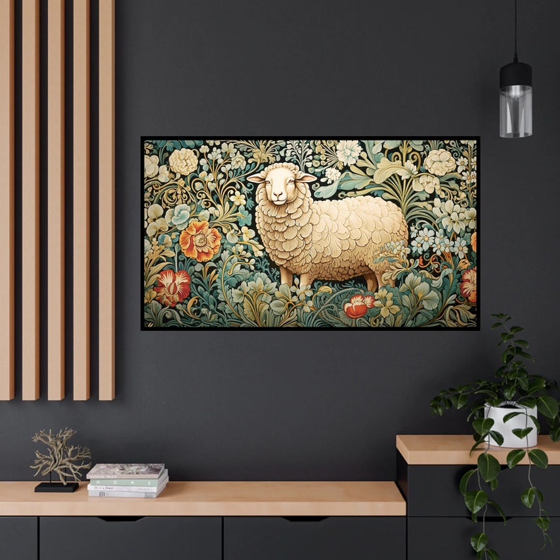 May include: A white sheep standing in a field of colorful flowers. The sheep is surrounded by green leaves and flowers in shades of red, orange, yellow, and blue. The background is a dark green.