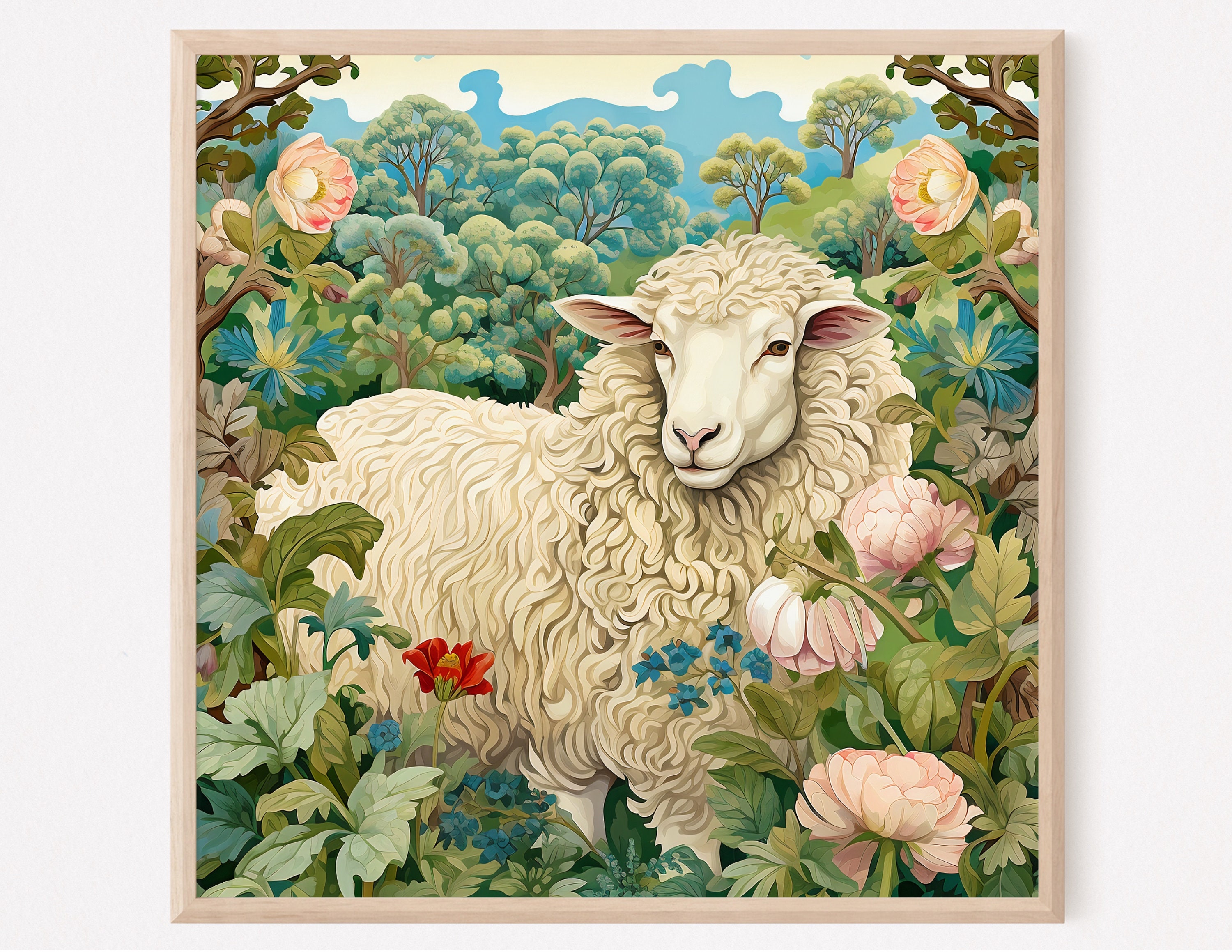 Sheep Art Print, Sheep in Garden Painting, Vintage Sheep Painting Print ...