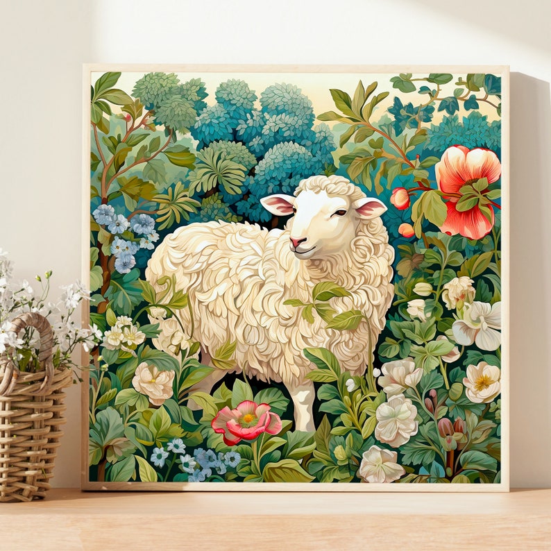 Sheep Art Print, Sheep in Garden Painting, Vintage Sheep Painting Print ...