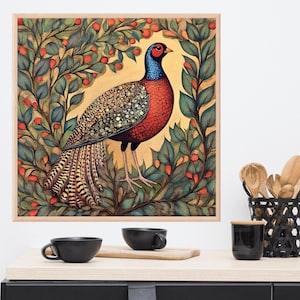 Kitchen Wall Decor Pheasant Cottagecore Vintage Painting Print, Bird Art, Farmhouse Wall Décor, Mid century Woodland Pheasant Gift Ideas
