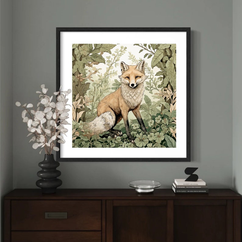May include: A framed illustration of a red fox standing in a lush green forest. The fox is looking directly at the viewer with a curious expression. The background is filled with detailed foliage and flowers.