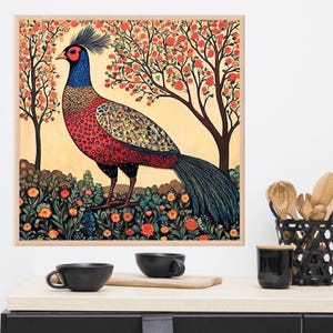 Kitchen Wall Decor Pheasant Cottagecore Vintage Painting Print, Bird Art, Farmhouse Wall Décor, Mid century Woodland Pheasant Gift Ideas