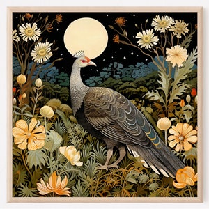 Wild turkey in meadow under moon painting art print