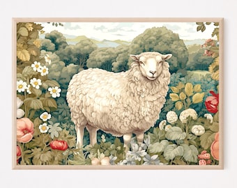 Sheep Art Print, Sheep in Garden Painting, Vintage Sheep Painting Print, Farm Animal Painting, Neutral Painting, Farmhouse decor