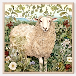 Sheep Art Print, Sheep in Garden Painting, Vintage Style Sheep Wall Art, Farm Animal Kitchen Decor, Farmhouse wall Decor, Gift