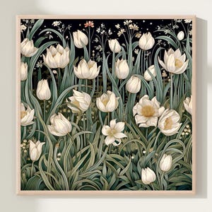 William Morris inspirierter Tulpen Kunstdruck, dunkle Wandkunst, Royalcore Poster, Blumenliebhaber Geschenk, quadratischer Blumendruck, Home Decor Geschenkkunst