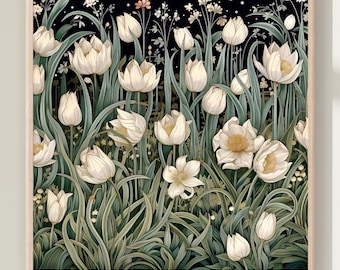 William Morris Inspired Tulips Art Print, Dark Wall Art, Royalcore Poster, Flowers Lover Gift, Square Floral Print, Home Decor Gift Art