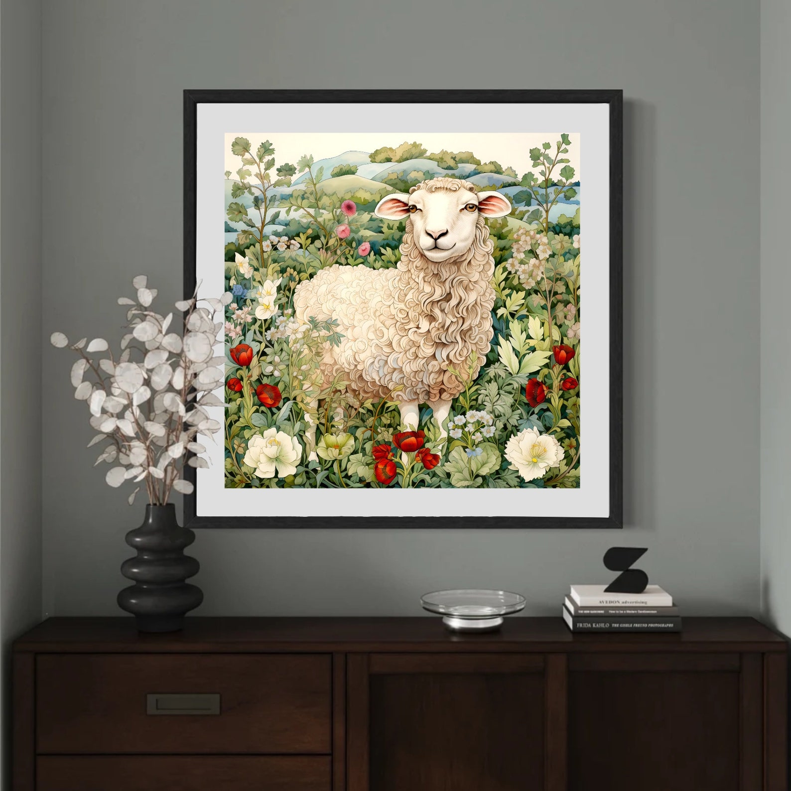 Sheep Art Print, Sheep in Garden Painting, Vintage Sheep Painting Print ...