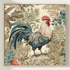 May include: A colorful illustration of a rooster standing in a lush green garden. The rooster has a red comb and wattle, blue and green feathers, and a white chest. The garden is filled with various types of plants and flowers, including ferns, leaves, and berries.