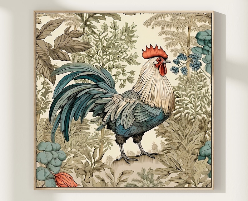 May include: A colorful illustration of a rooster standing in a lush green garden. The rooster has a red comb and wattle, blue and green feathers, and a white chest. The garden is filled with various types of plants and flowers, including ferns, leaves, and berries.