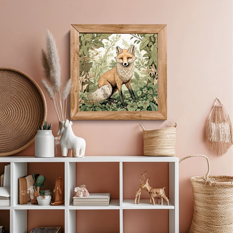 May include: A framed illustration of a red fox standing in a lush green forest. The fox is looking directly at the viewer with a curious expression. The frame is made of wood and has a light brown finish.