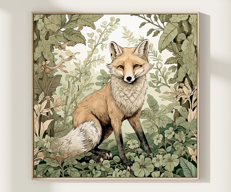 May include: A red fox with white fur on its chest and tail stands in a lush green forest. The fox is surrounded by green leaves and flowers.